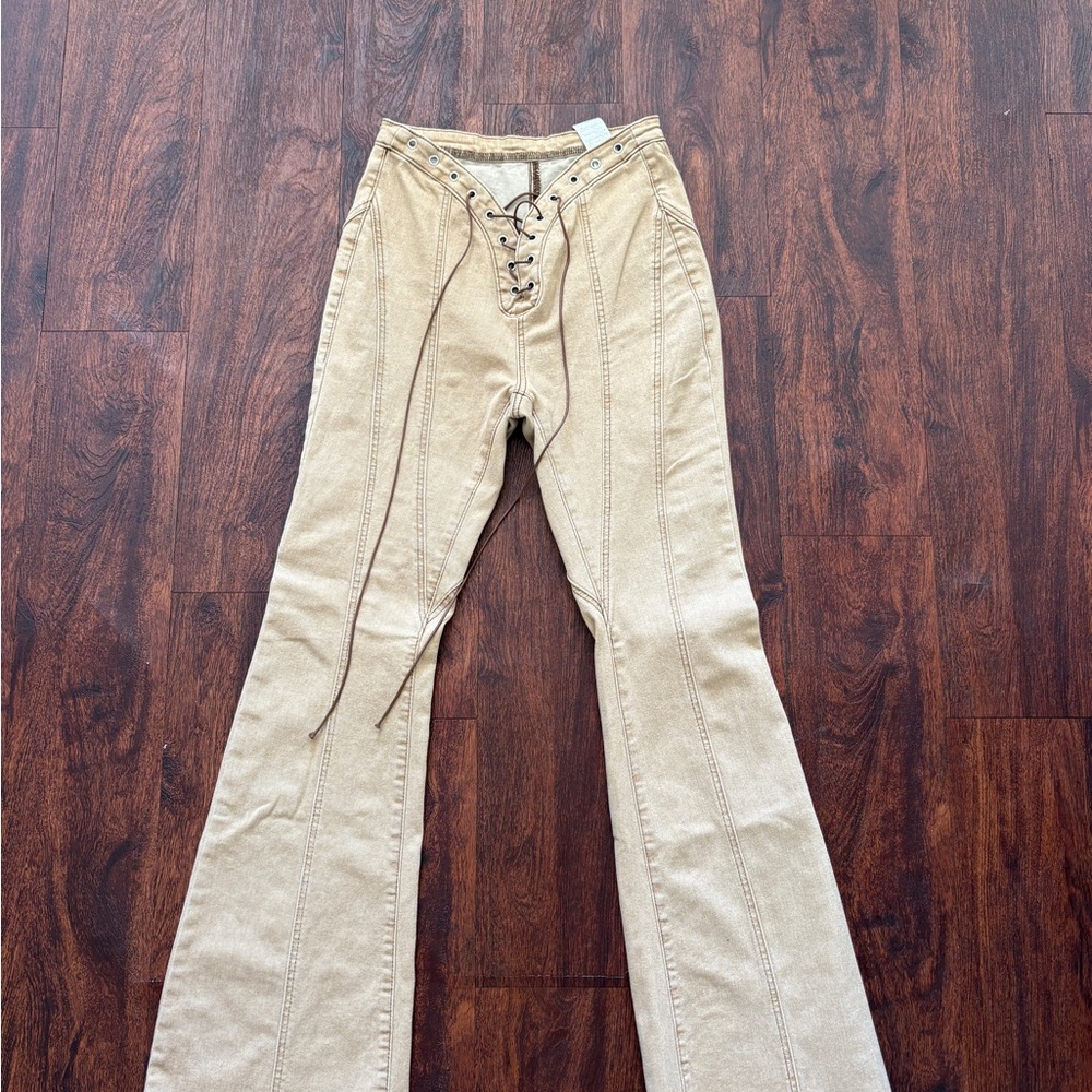 Tan Lace-Up Flare Pants